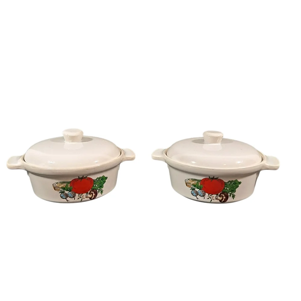 Vintage Tomato Ceramic Crock With Lid Set Of 2 Covered Soup Bowl Made in Japan